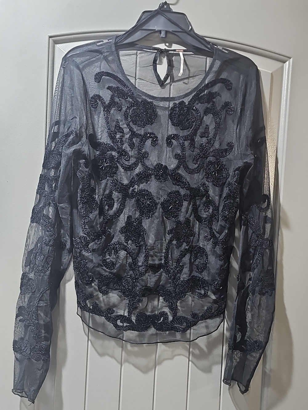 Free People See Thru Black Sheer Embroidered Long-Sleeve Blouse (D)